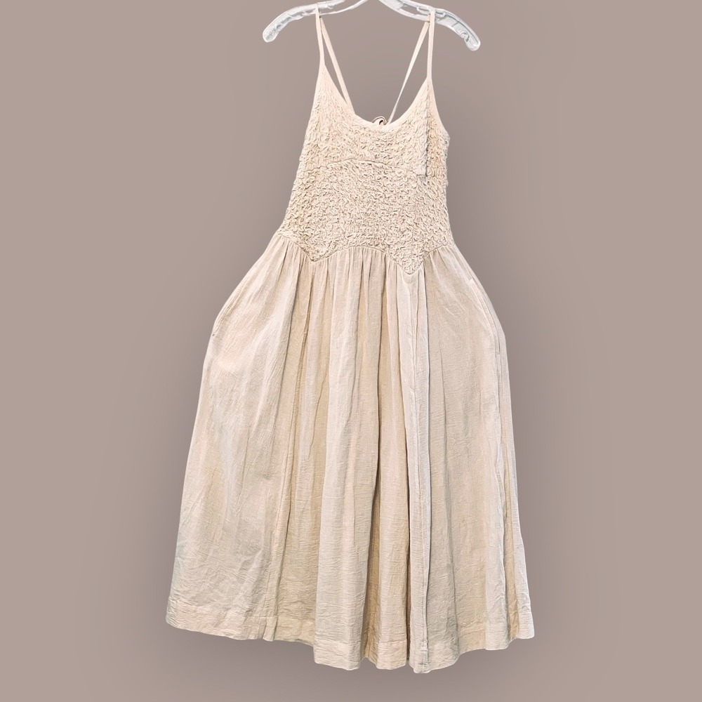 Free People Endless Summer Ivory 100% Cotton Smocked Midi Dress Large Pockets - Picture 13 of 14